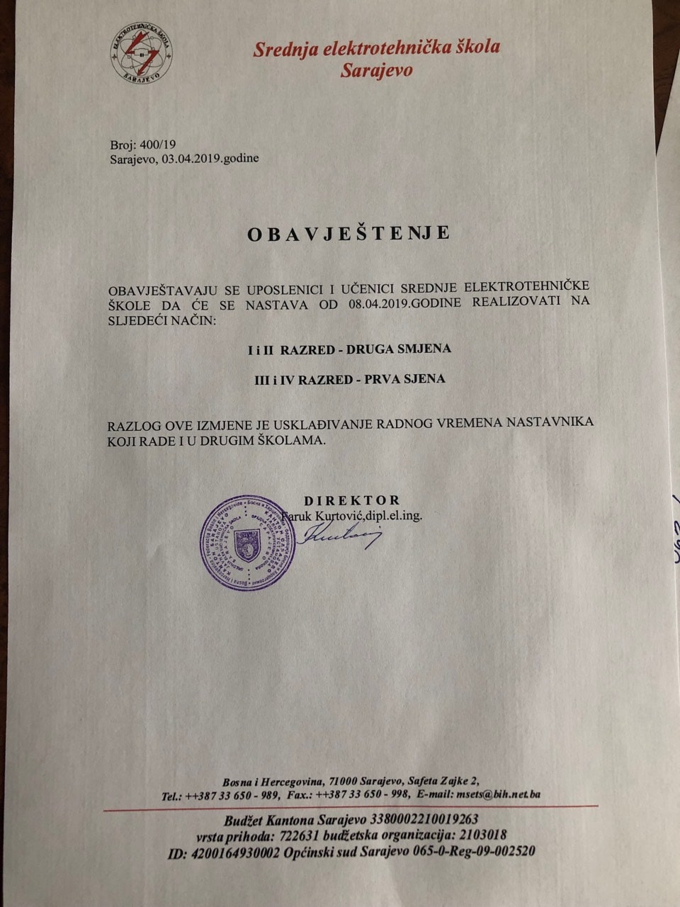 Obavještenje povodom nastavka škole